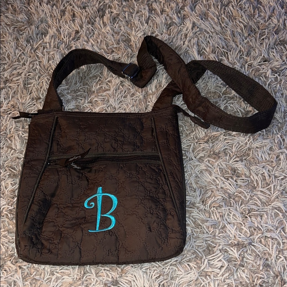 Thirty-one cross body bag. Brown Quilted Shoulder Bag with Blue Monogram B